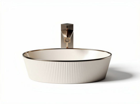 Umywalka ceramiczna okrągła z metalowym kranem w kolorze złotym 40 x 25 x 10cm